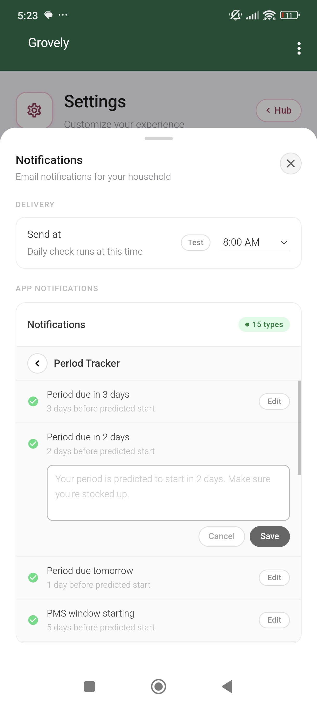 Notification settings on mobile